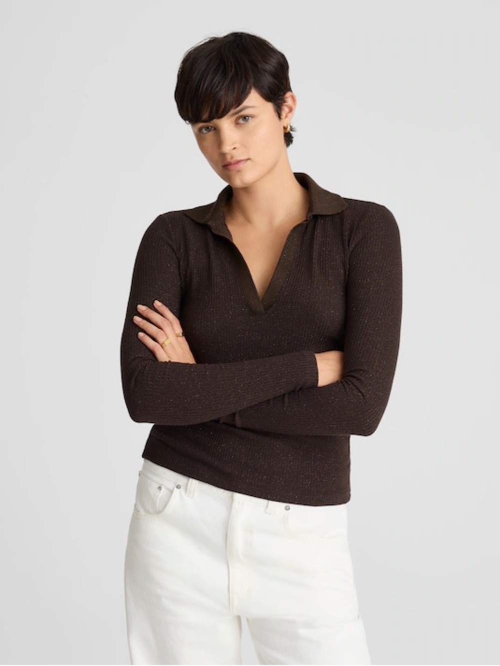 Madewell Sparkle Long Sleeve Polo Top in Luxe Molasses NEW